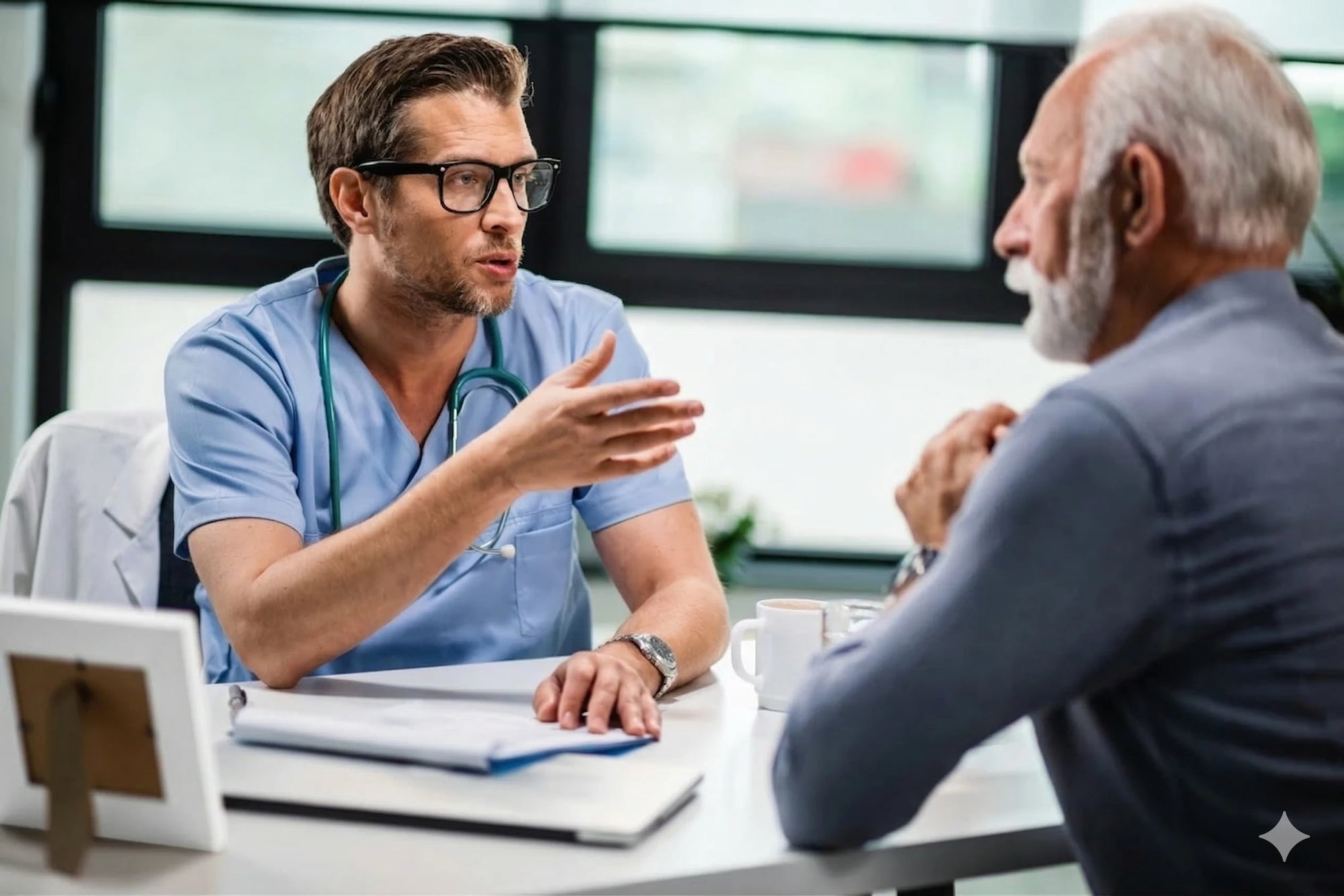 Arzt im Gespräch mit einem älteren Patienten