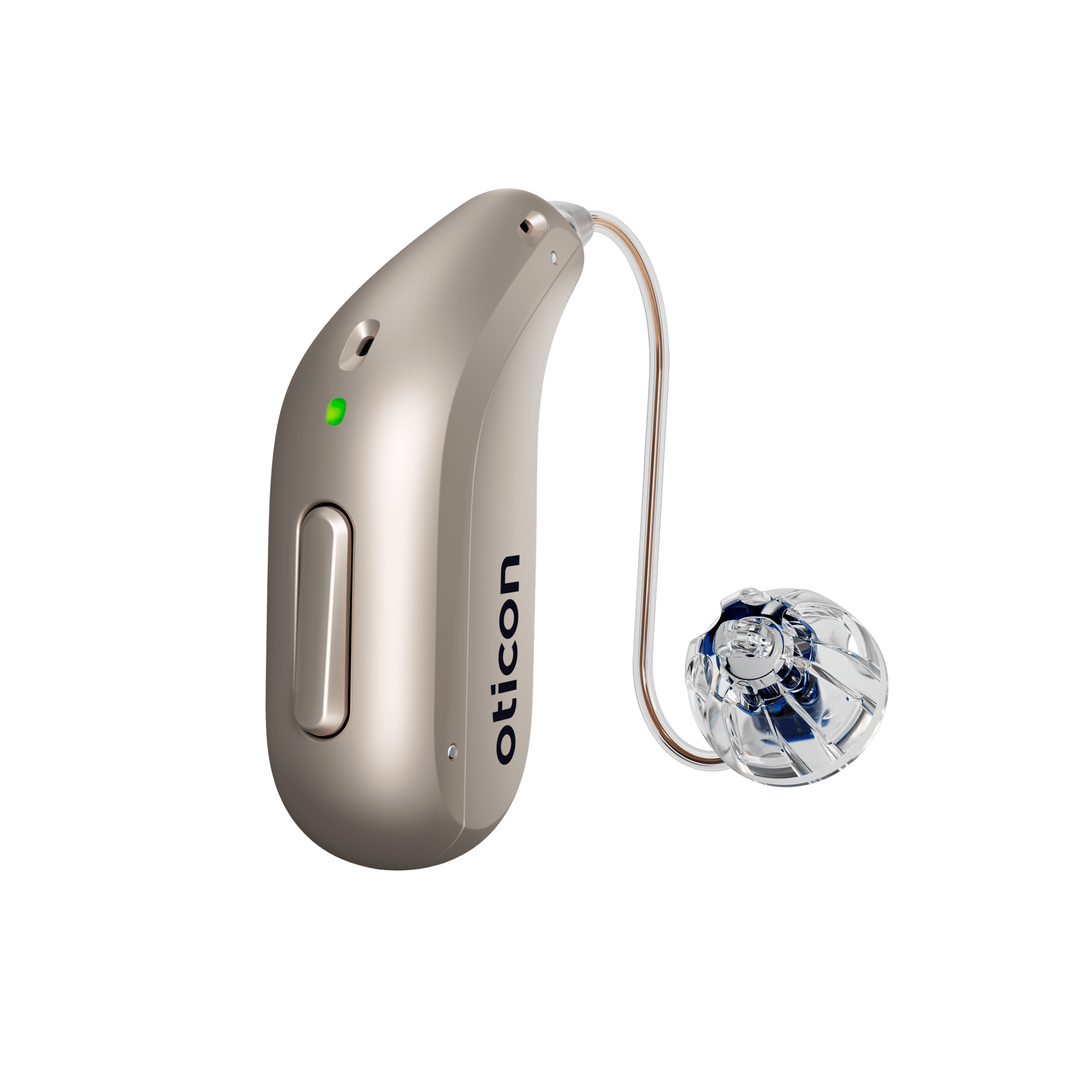 Oticon Quarzsand – Hörgerät in der Farbvariante Beige in Seitenansicht
